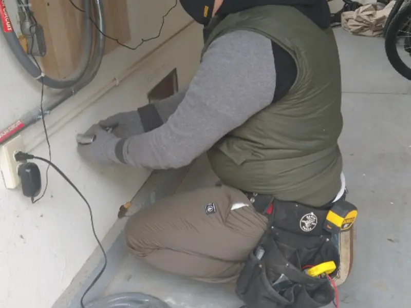 Electrician performing outlet wiring in a Deerpark garage